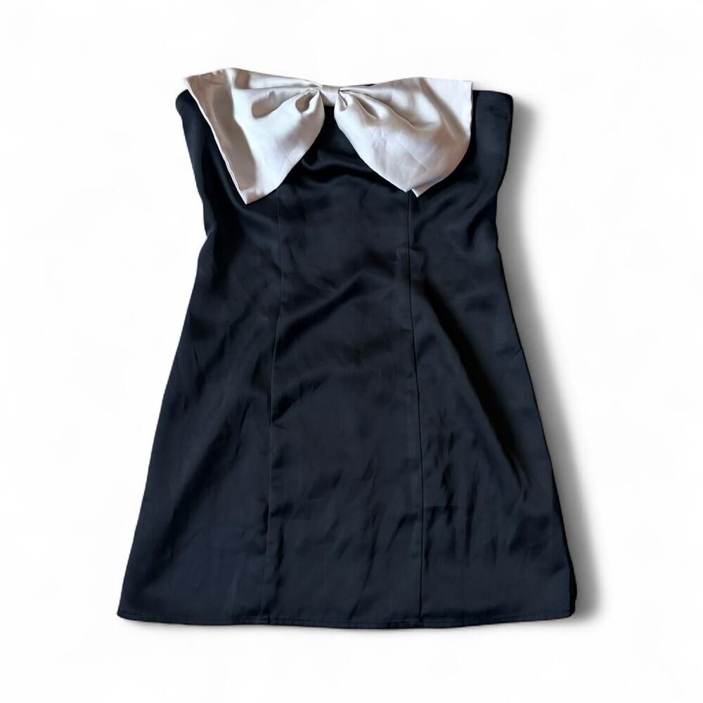 Princess Polly black satin mini dress with white bow detail